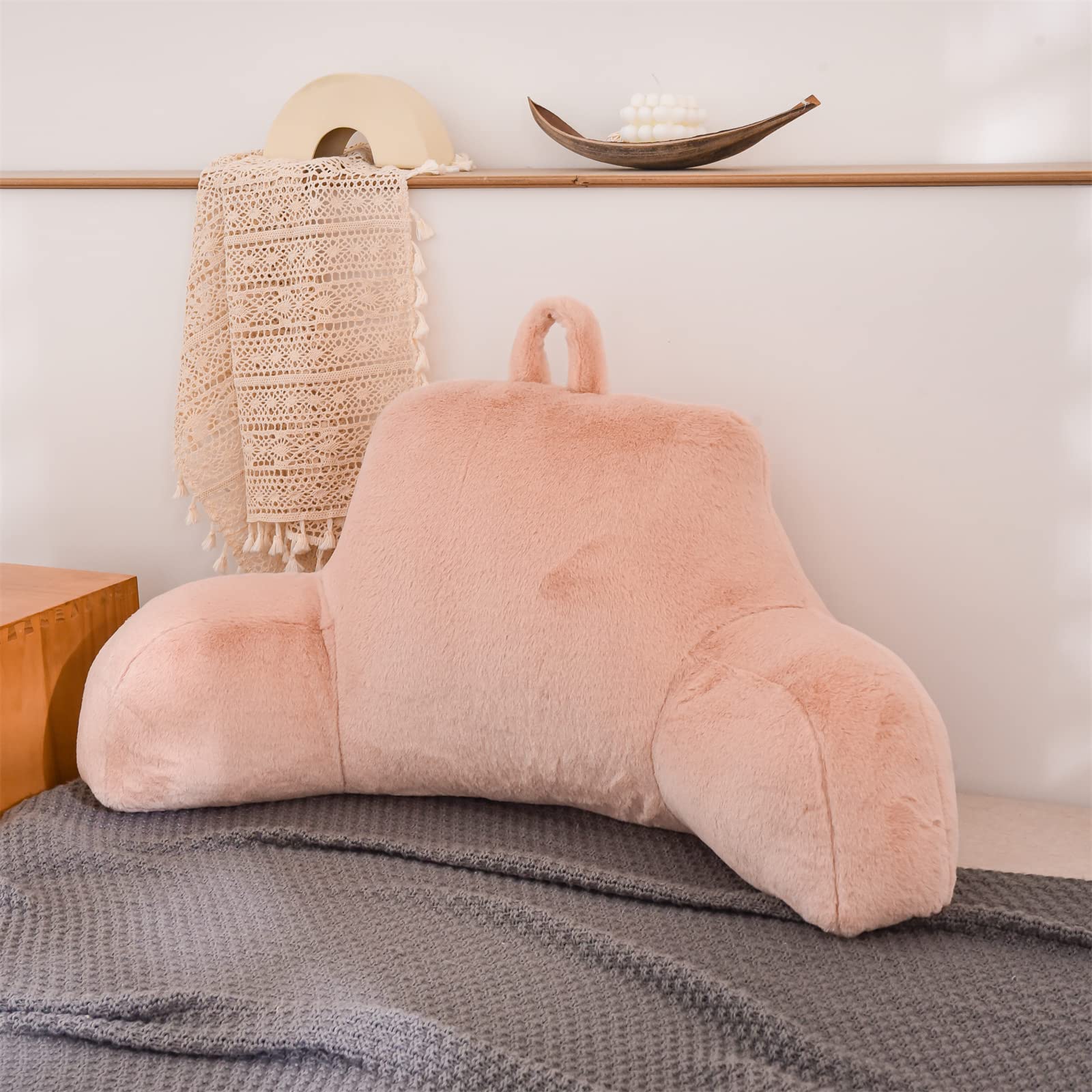 A Nice Night Faux Fur Soft Reading Pillow Bed Wedge Adult Backrest with Arms Back Support for Sitting Up in Bed/Couch for Bedrest,Pink,Large Image