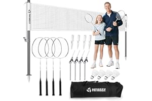 Patiassy Professional Badminton Set with Carbon Fiber Badminton Racket Set of 4, Outdoor Portable Badminton Net with Anti-Sag Winch System for Backyard, Lawn or Park, 4 Nylon Shuttlecocks and Bag