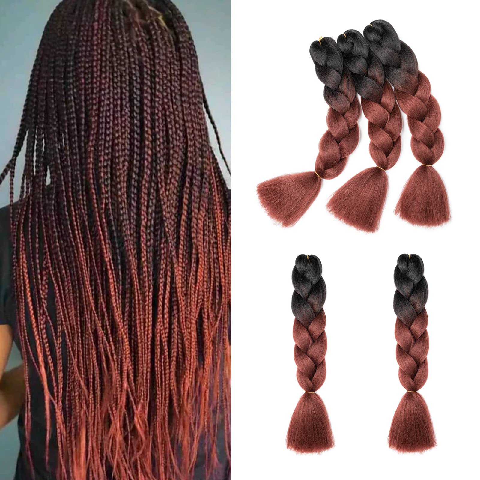 Gairyan Braiding Hair Extensions Ombre Jumbo Braids Synthetic Hair 5packs 24 inches 500g Coloured Hair for Braiding Extensions Box Braids Crochet Twist (Black-Red Brown) โ image 1