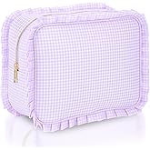SilTriangle Purple Gingham Ruffle Makeup Bag 10 x 8 x 4.5 Inches Large Ruffle Pouch Travel Cute Checkered Cosmetic Toiletry Bag with Zipper for Women Girls, Toiletry Pouch Make up Organizer Gift