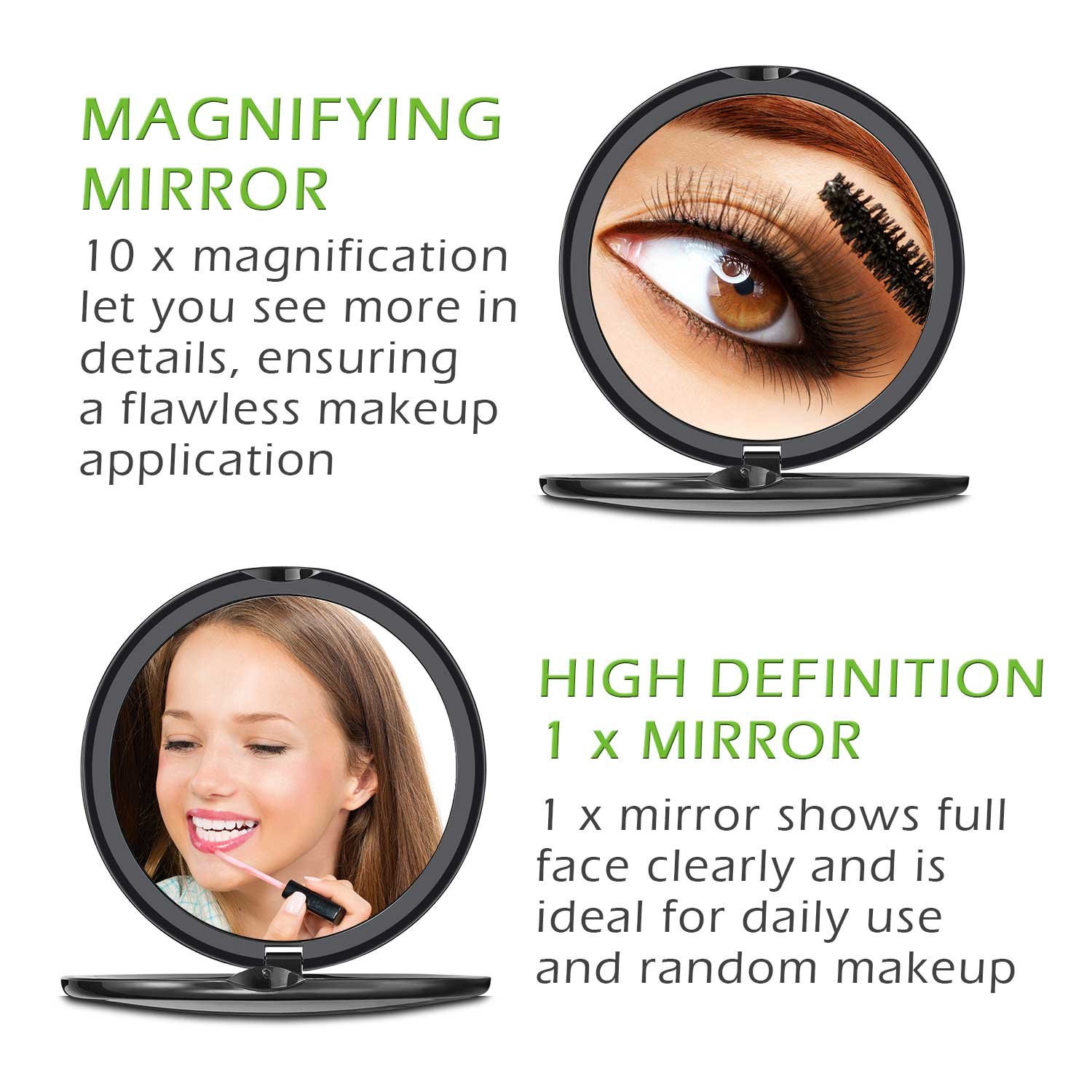 [Gifts for New Year] HAMSWAN Compact Makeup Mirror Pocket Mirror Portable Foldable Double Sided Mirrors with 10 x Magnification for Wedding Birthday Anniversary Gift and Travel (Black)