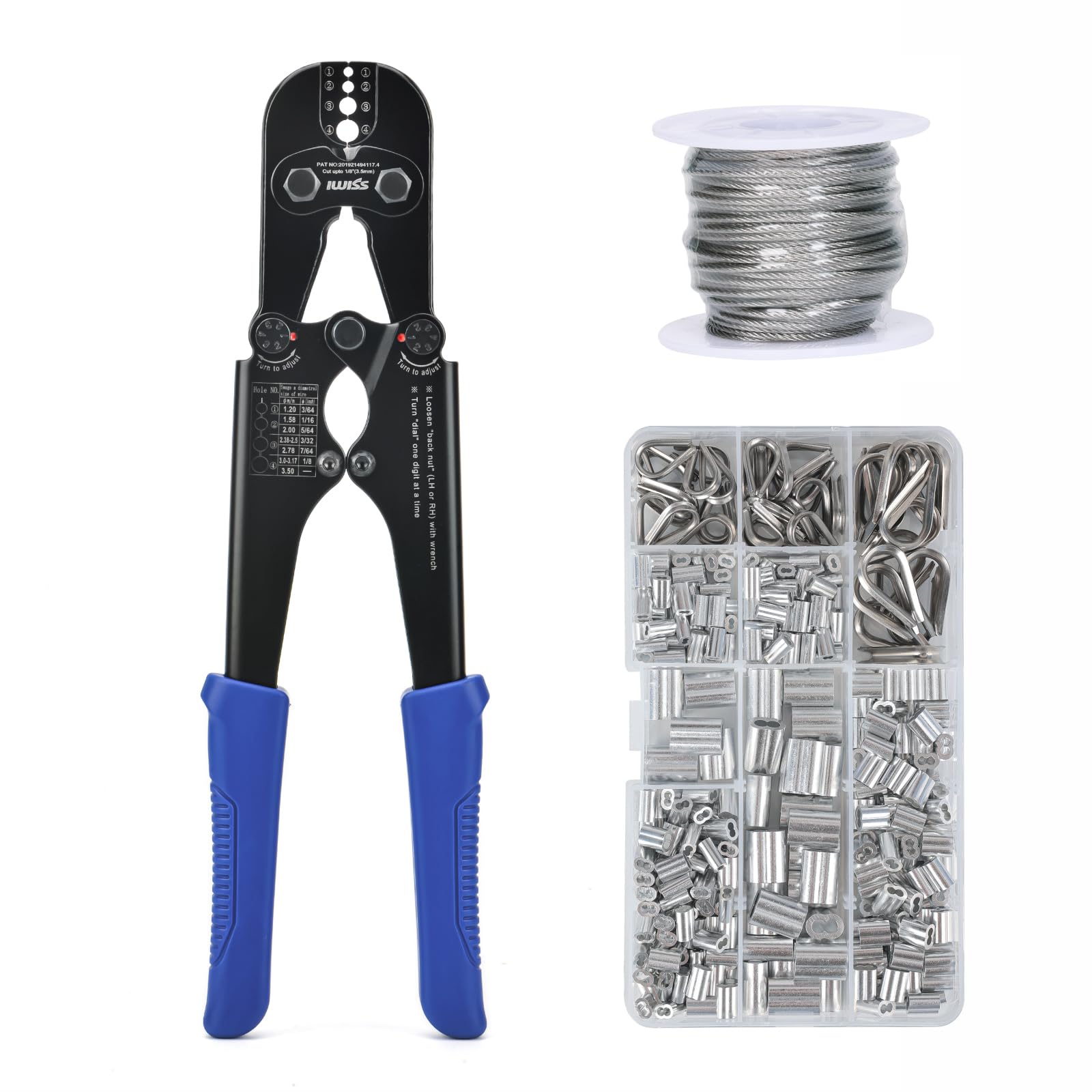 Photo 1 of iCrimp Wire Rope Crimping Tool with Build-in Cutter, 3/64-inch to 1/8-inch, Swager Kit Includes 330pcs Loop Sleeve and 45pcs Stainless Steel Thimble and 15m Wire Rope IWS-1608MC
