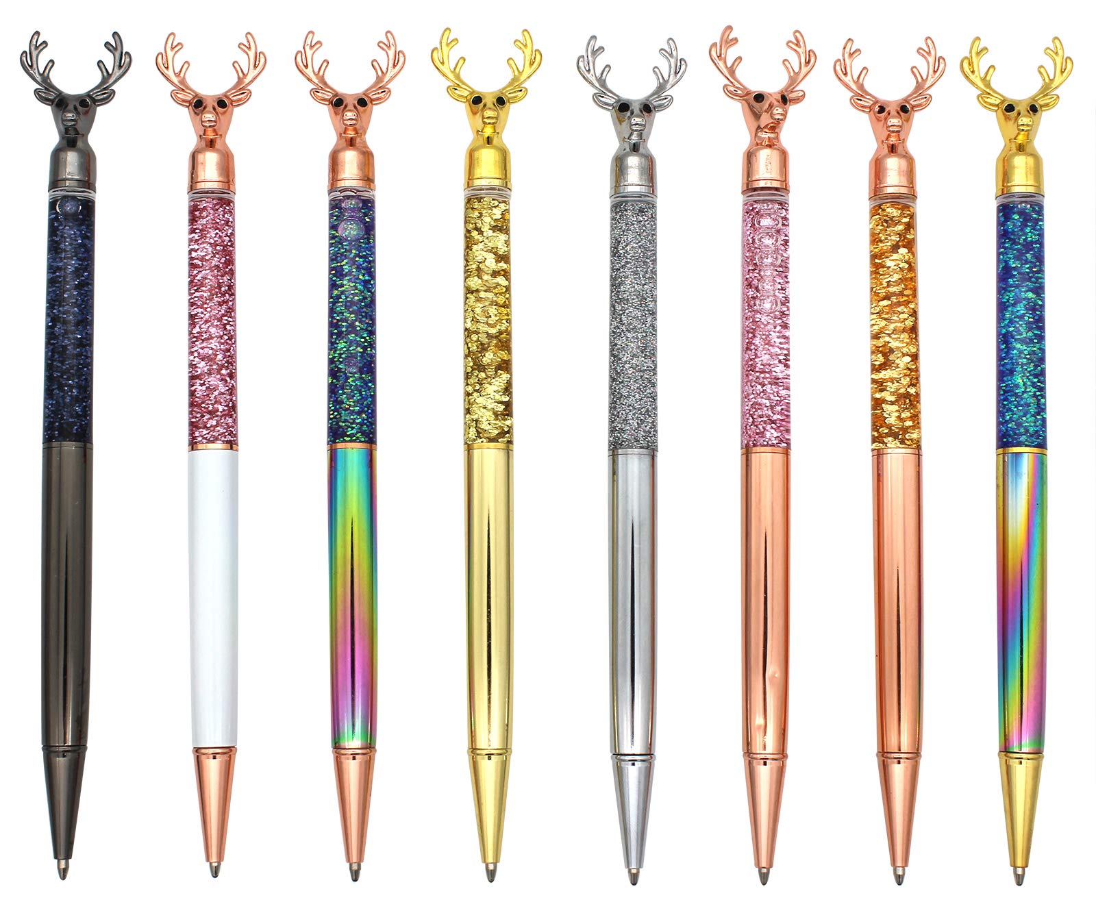 Gullor Retractable Ballpoint Pen, Glitter Floating Metal Pen, Deer Shape, 8 Pens, Set B