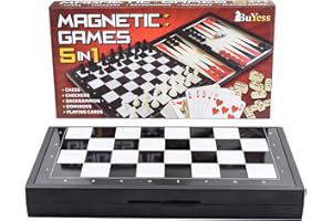 BUYESS 5 in 1 Magnetic Chess Checkers Dominoes Backgammon and Cards Set, Mini Travel Size Multi Board Games