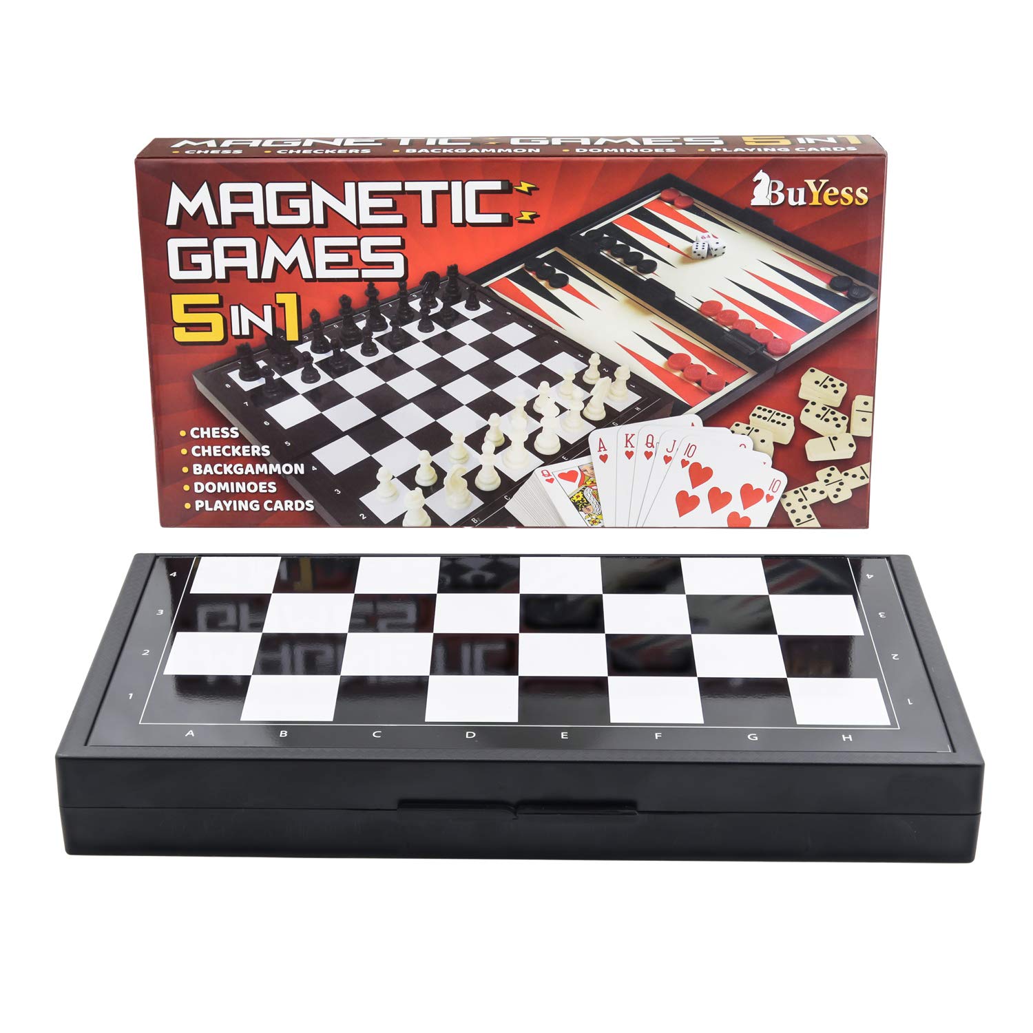 Photo 1 of 5 in 1 Magnetic Chess Checkers Dominoes Backgammon and Cards Set, Mini Travel Size Multi Board Games