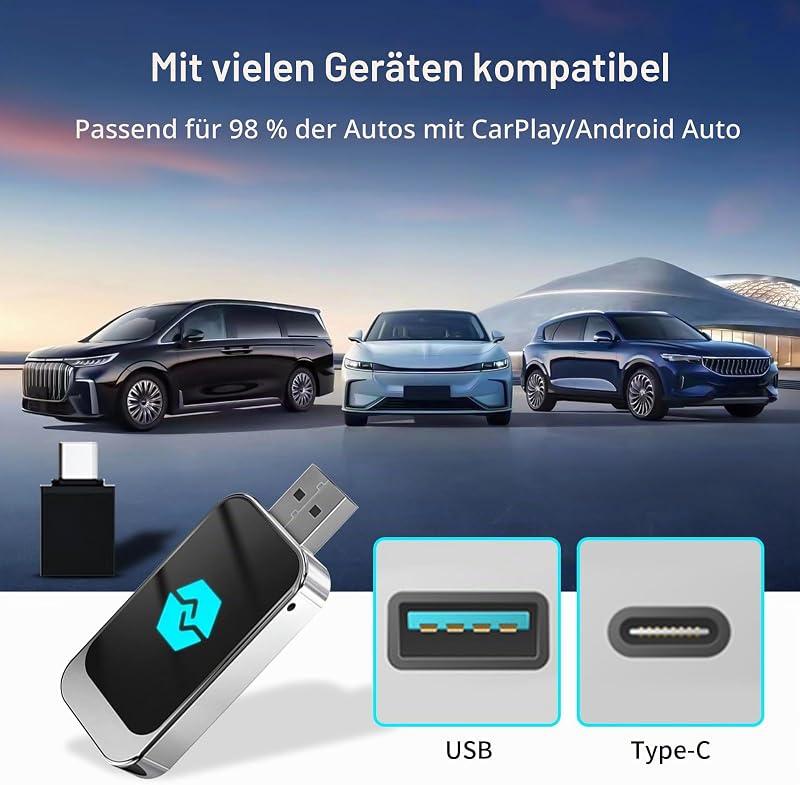 Wireless Carplay und Wireless Android Auto Adapter, Konvertieren Wired Carplay/Android Auto in Wireless, Typ-C und USB, Plug and Play für iOS 10+/Android 11+ — Foto 7 von 8