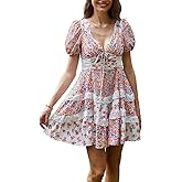 hibshaby Women's Floral Patchwork Dress V Neck Lace Layered Ruffle Flowy Babydoll Dress Puff Sleeve Tiered Mini Sundress