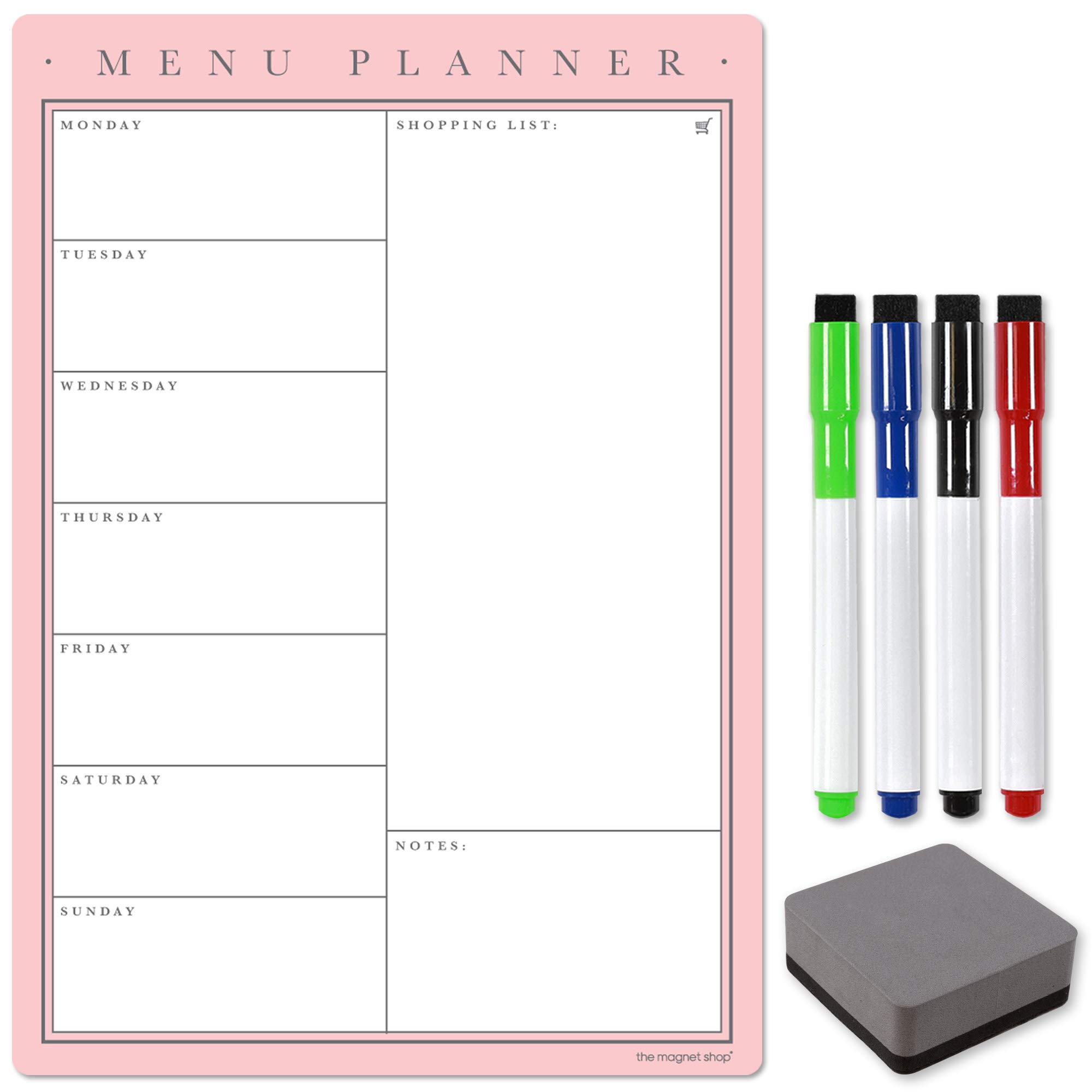 TMS Magnetic Weekly Meal Planner A4, Whiteboard Planner, Shopping List and Menu Organiser - with 4 Dry Erase Pens and Eraser Dry Wipe Fridge Calendar for Daily Notes and Reminders (Blush, A4)