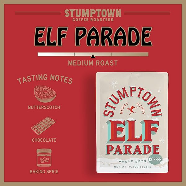 STUMPTOWN COFFEE ROASTERS, MEDIUM ROAST WHOLE BEAN COFFEE, 100% ARABICA COFFEE – ELF PARADE HOLIDAY BLEND, FLAVOR NOTES OF BUTTERSCOTCH, CHOCOLATE AND BAKING SPICE – 10.5 OUNCE BAG