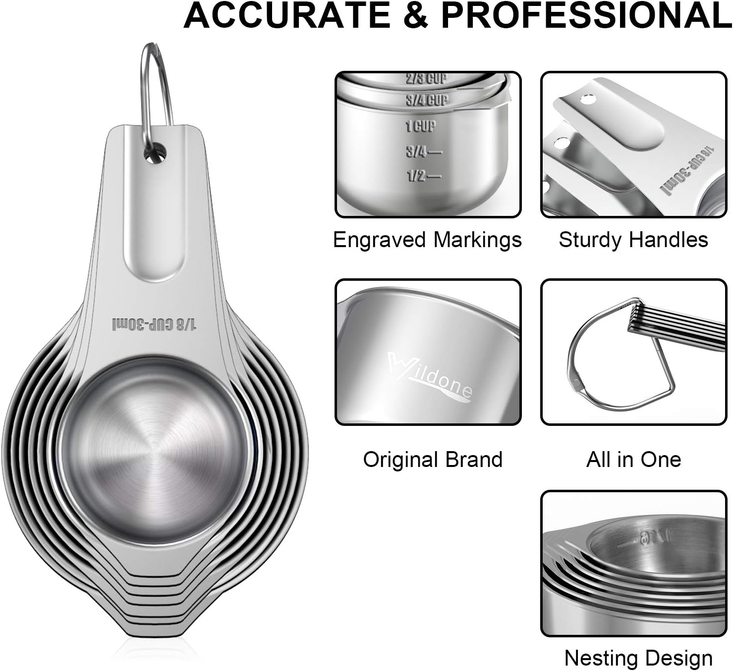 Wildone Measuring Cups & Spoons Set of 21 - Includes 7 Stainless Steel Nesting Measuring Cups, 8 Measuring Spoons, 1 Leveler & 5 Mini Measuring Spoons, Ideal for Dry and Liquid Ingredients: Kitchen & Dining