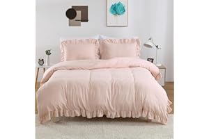 Joankaren Queen Size Ruffled Microfiber Duvet Cover Set – Soft, Breathable, Washed Microfiber with Button Closure, 3-Piece Be