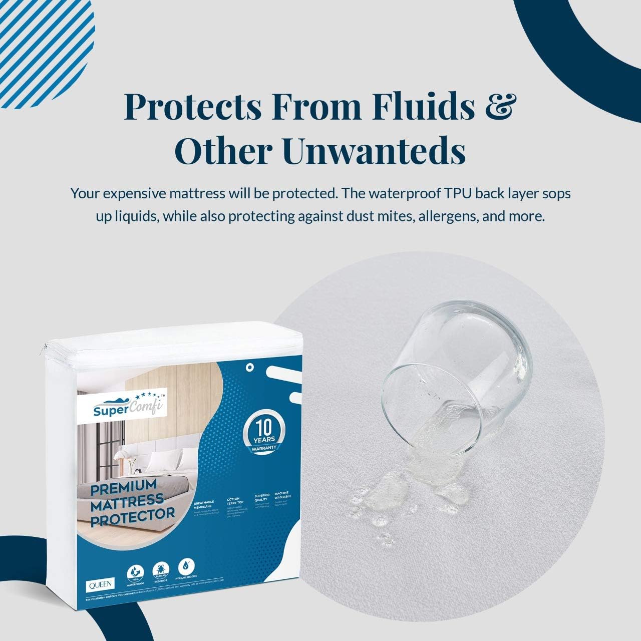 Supercomfi Queen Size Mattress Protector Cover Waterproof Cotton Terry Bed Topper Hypoallergenic Mattress Cover Noiseless-Slip Resistant: Home & Kitchen