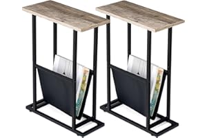 FLYJOE Narrow Side Table with PU Leather Magazine Holder Rustic Slim Little Thin Table for Living Room, Bedroom, Sofa, Set of 2, Grey