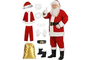 Aotiooy Santa Claus Costume for Men, 10pcs Professional Christmas Santa Adult Suit Velvet Red Costume for Party Cosplay