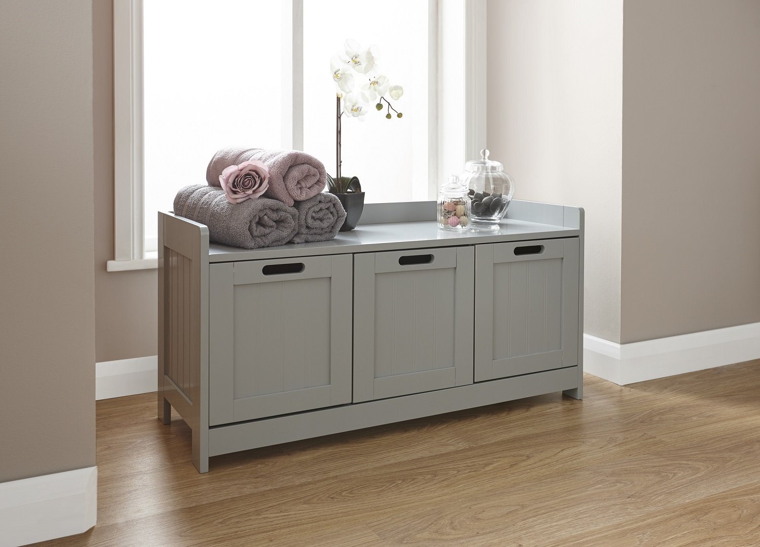 Home Source Colonial Bathroom 3 Darwer Bench Storage Seat Tong & Groove Effect - Grey