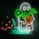Ghost Holding Plant Neon Sign – LED Wall Light Featuring a Cute Spirit with Green Potted Plant, USB Powered Light for Bedroom, Plant Corner, or Halloween Decor 16.5″ × 12.2″