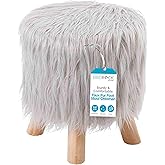 BIRDROCK HOME Faux Fur Foot Stool Ottoman – Upholstered Vanity Chair w/Natural Wood Legs - Soft Compact Padded Seat for Makeup Room, Living Room, Bedroom – Decorative Accent Furniture – Silver