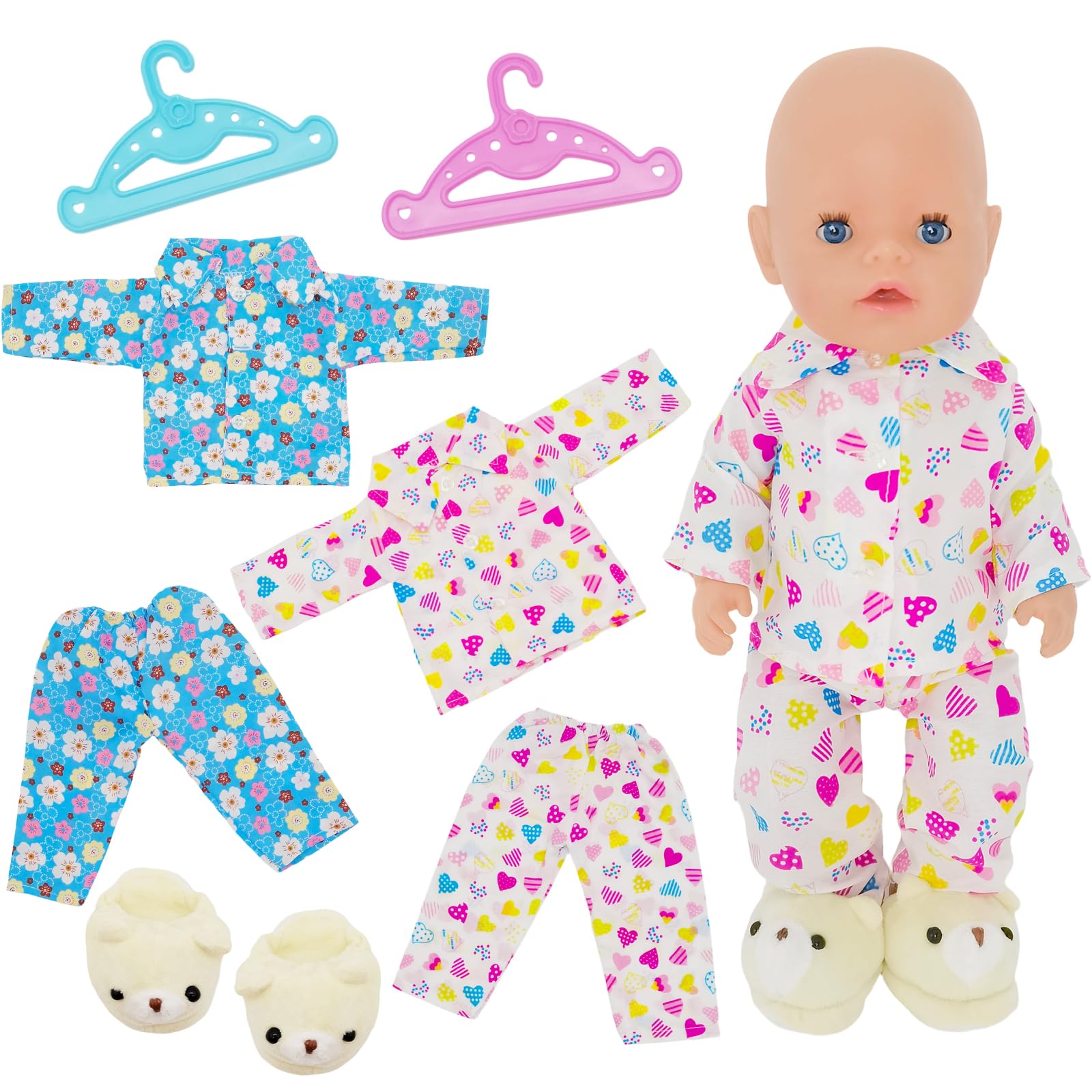 New Dolls Clothes for 14-18 Inch, 2 Sets Baby Doll Clothes Pajamas with 1 Pair White Bear Shoes 2 Hangers, 35-43cm Sweet Doll Clothing Set for Girls Boys Birthday Gift (No Doll)