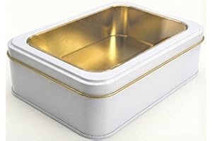 hadaaya White Pearl Rectangular Tin Container With Clear Lid, Multipurpose Tin Box, Christmas Gifting Tin Box for Gift Giving, Cookies, Stationery & More - 7.25 x 5.25 x 2.25 Inches