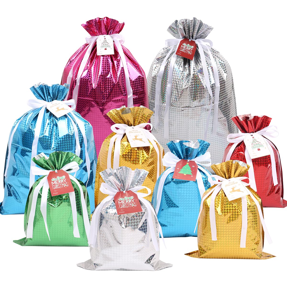 MAMUNU Christmas Drawstring Gift Bags, 15PCS Assorted Sizes Solid Color Foil Gift Bags with Drawstring Ribbons and Tags, Goodie Wrapping Bag for Christmas New Year Winter Party