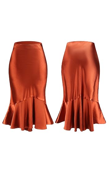ALCEA ROSEA WOMENS SATIN HIGH WAISTED SILK A-LINE WEDDING ELEGANT ELASTIC MIDI SKIRT(CARAMEL,XL)