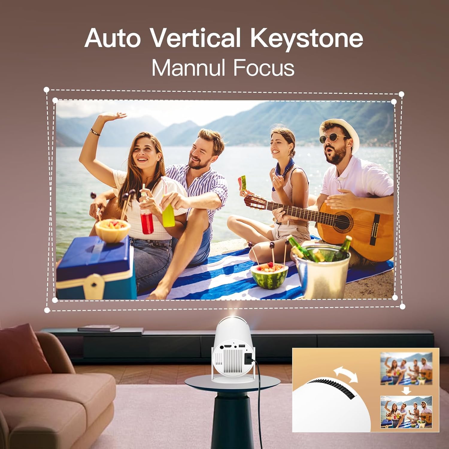 [Built-in Apps] Mini Projector with WIFI 6 and Bluetooth, 4K 1080P Support Portable Projector 180° Rotatable 130'' Screen Movie Projector Auto Keystone Compatible for Laptop, PC, Smartphone