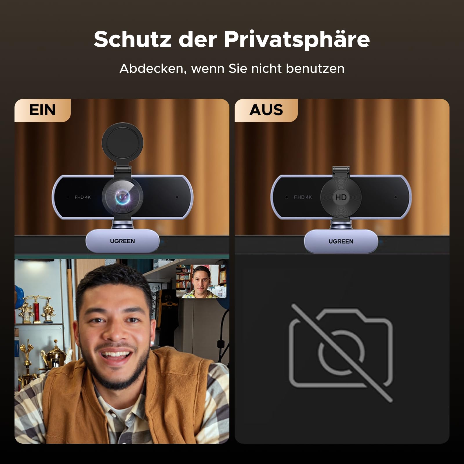UGREEN FineCam Lite 4K, UHD Webcam 4K, Webcam mit Mikrofon und Objektivabdeckung, PC Kamera Autofokus, 70°FOV, USB-A/C Anschluss, für PC/Laptop/Windows/Mac/Linux/Skype/FaceTime 7
