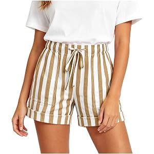 txxeoss Striped Shorts Women High Waist Lightweight Summer Casual Elastic Waist Drawstring Bottoms Pants with Pockets