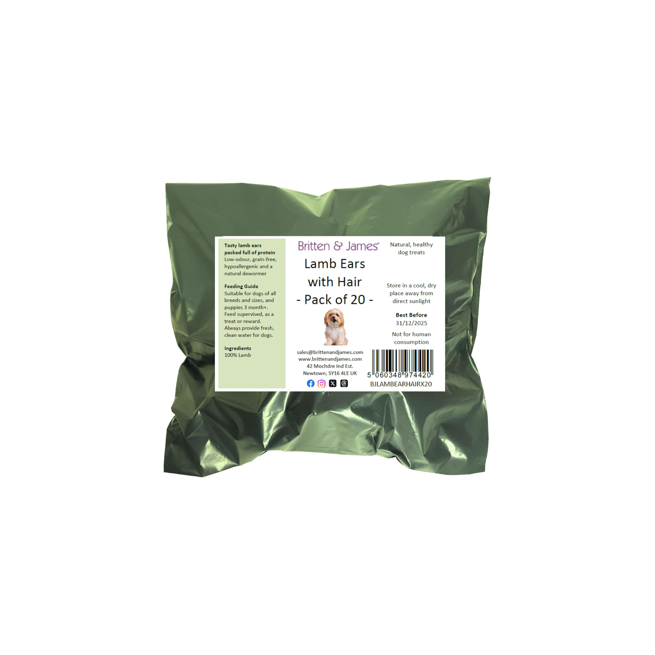 Britten and James 20 Airdried Lamb Ears with Hair for Dogs. Natural Healthy and Tasty Dog Treat Chews