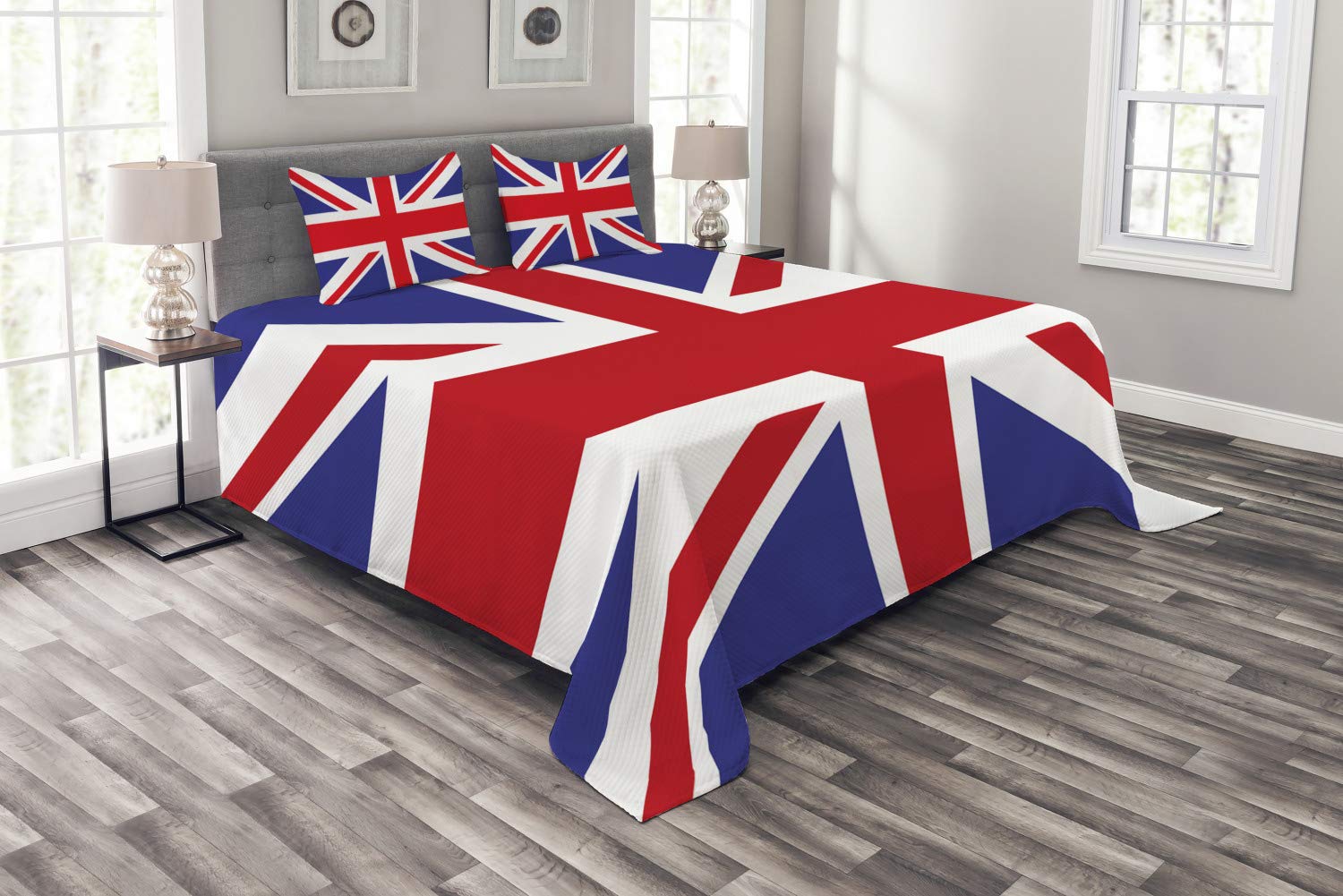 ABAKUHAUS Union Jack Bedspread Set, British Loyal, Decorative Quilted 2 Piece Coverlet Set with Pillow Sham, Royal Blue