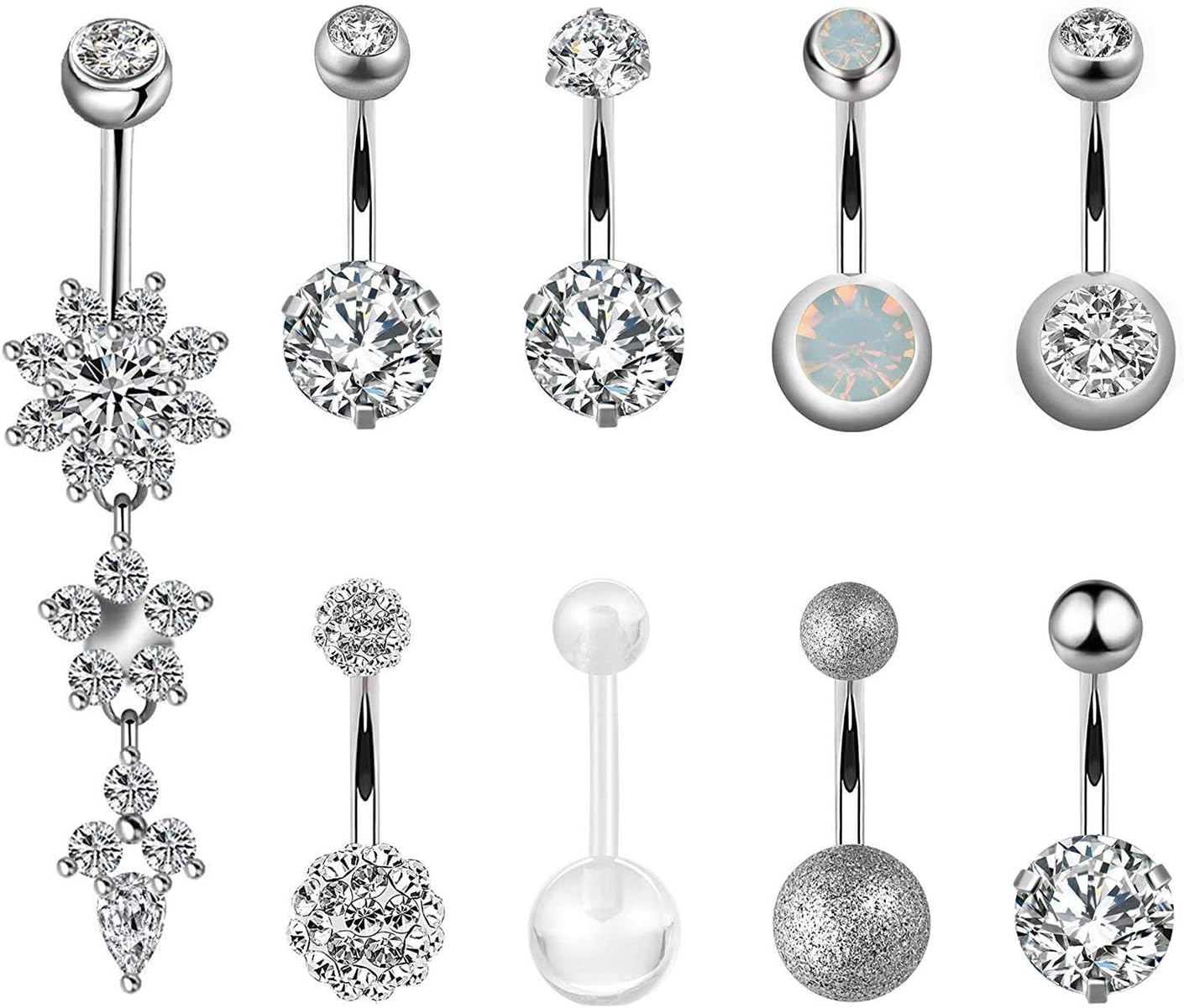 Belly Bars,9PCS 316L Surgical Steel CZ Belly Bars with Dangle Cubic Zirconia Curved Body Piercing Jewelry Barbells for Women Girls