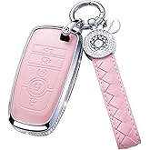 RUABIBAN Compatible with Ford Key Fob Cover with Keychain, Pink Genuine Leather Crystal Key Case Protection Shell for Ford Fusion F150 F250 F350 F450 F550 Edge Explorer Smart Remote Key