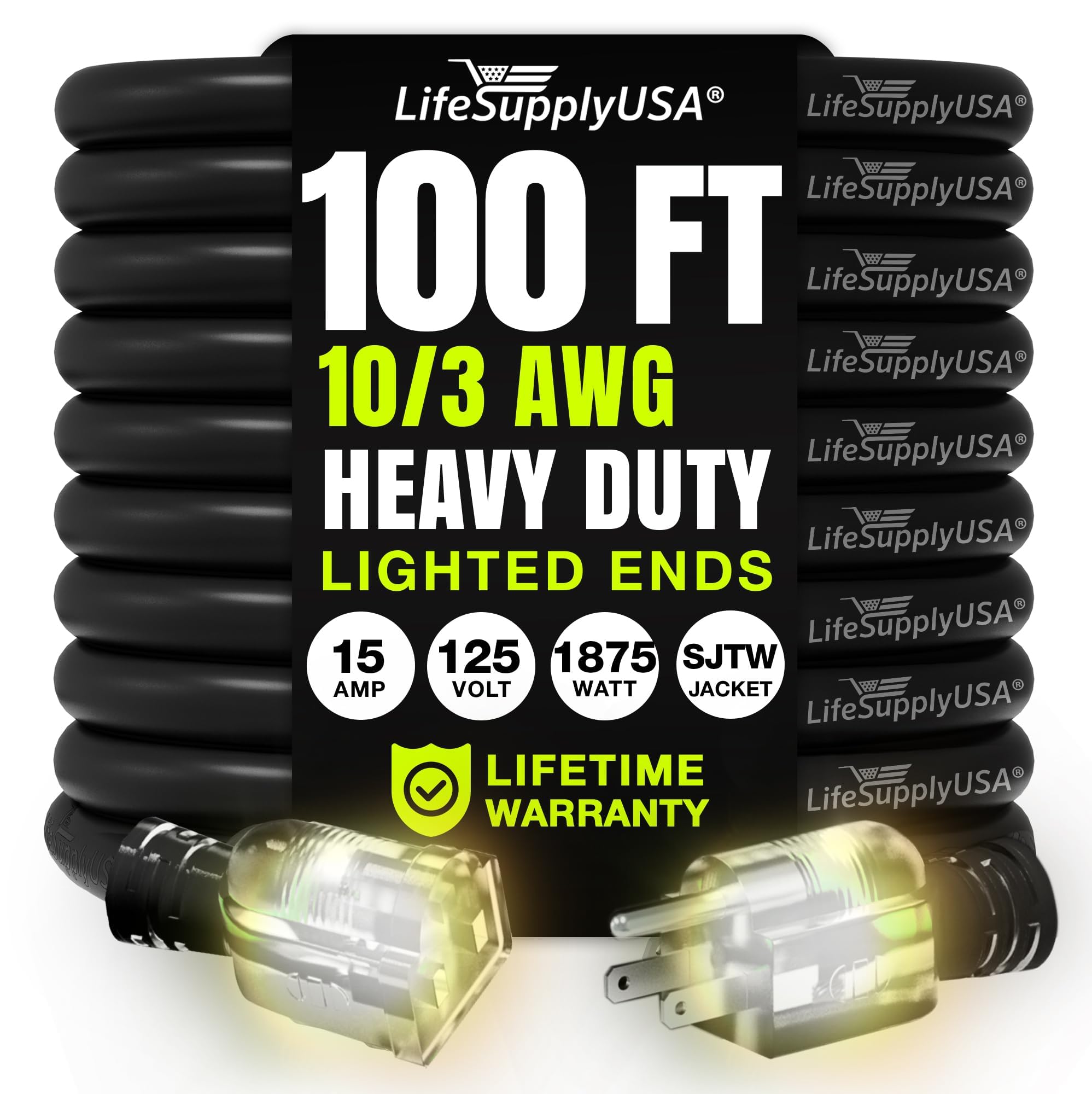 Photo 1 of 100ft Outdoor/Indoor Extension Cord 10/3 Gauge Ultra Heavy Duty 3 Prong SJTW, Waterproof, Flexible Cold-Resistant Long Power Cord,15A 125V 1875W, Black by LifeSupplyUSA
