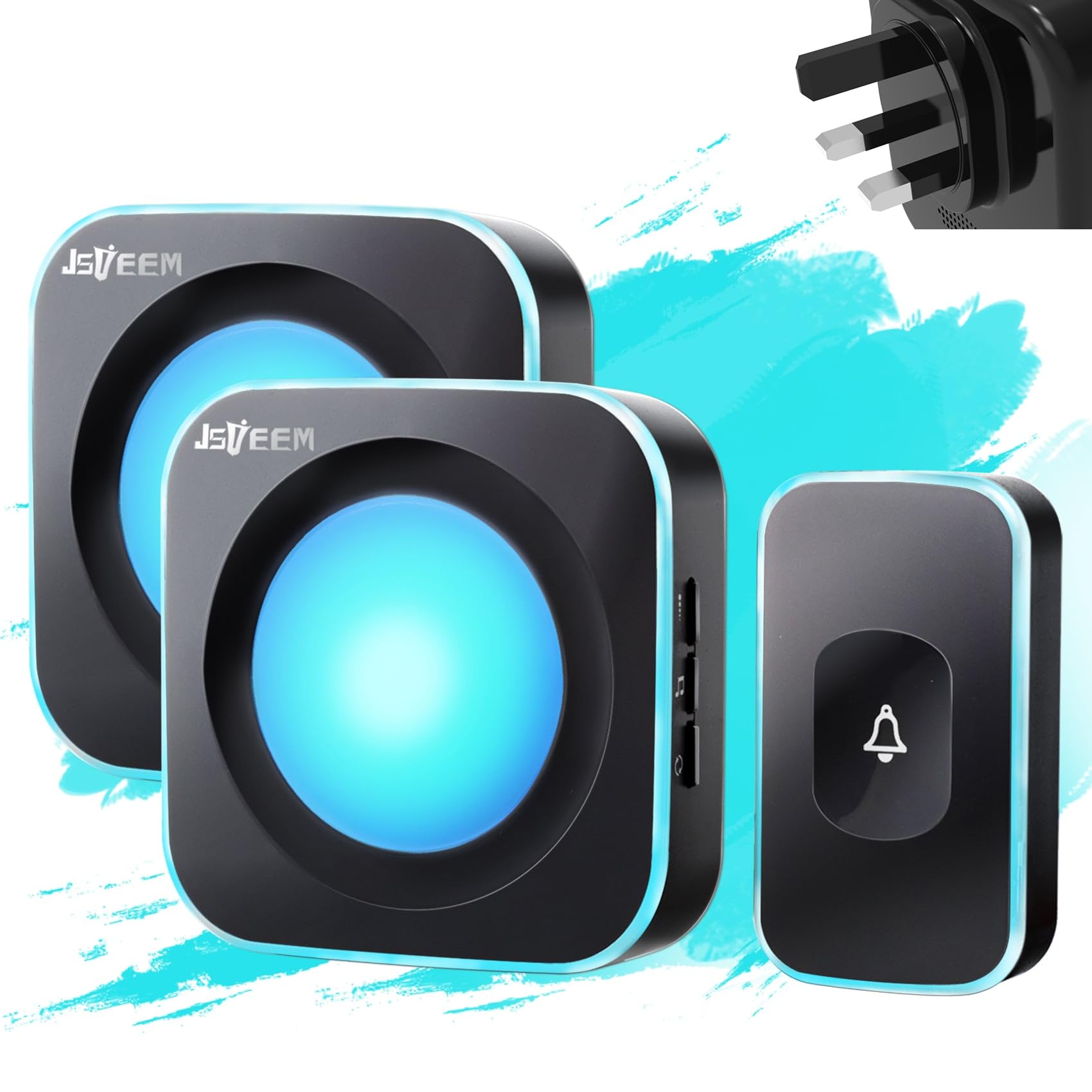 Wireless Doorbell Plug in Door Chimes & Wireless Doorbell Plug in Door Chimes & Bells 1200 feet Range with Flashing Light 4 Level Volume 36 Chimes Jsieem (1 Button & 2 Receivers Black)
