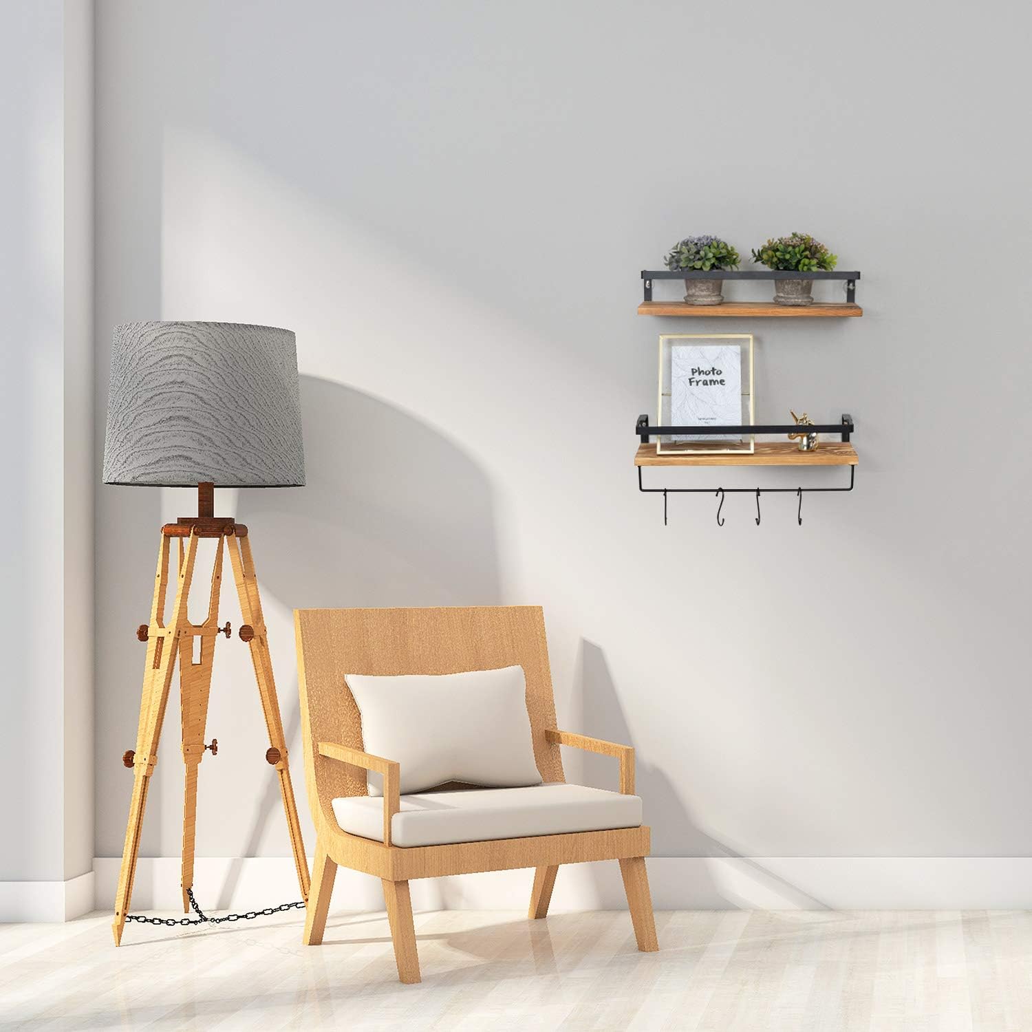 Homcosan Floating Shelves Wall Mounted Storage Bamboo Shelves Wood Towel Shelf with 4 S-Shape Coat Hooks Multifunction Decorations Set of 2 for Bathroom, Kitchen, Living Room, Home(Brown): Furniture & Decor