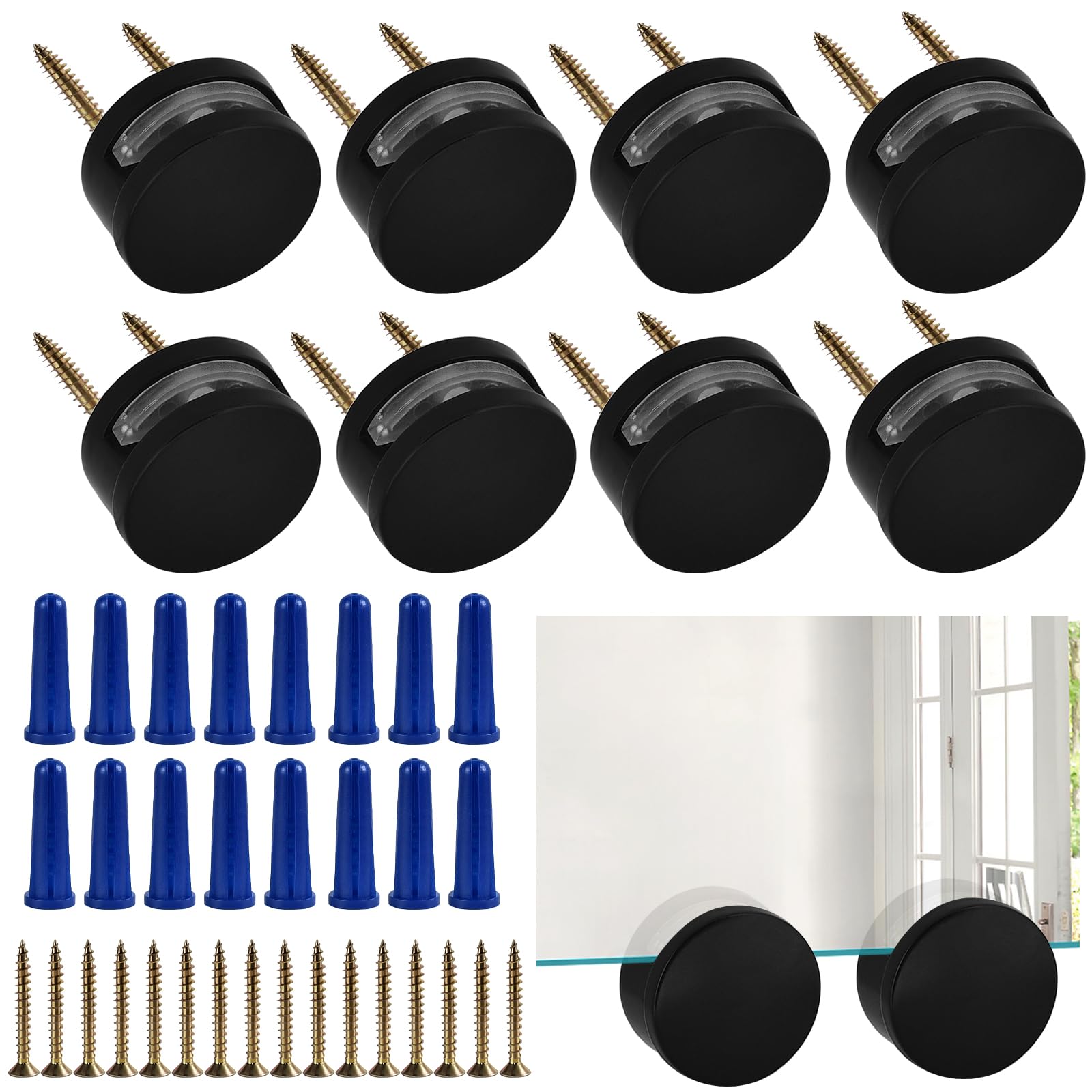 8PCS Black Mirror Fixings Mirror Clips, 3-5mm Upgraded Frameless Mirror Mounting Adjustable Mirror Holder Clips Mirror Brackets Dual-Screw Fixing Mirror Hanging Hardware for Bathroom, Hotel,,Salon