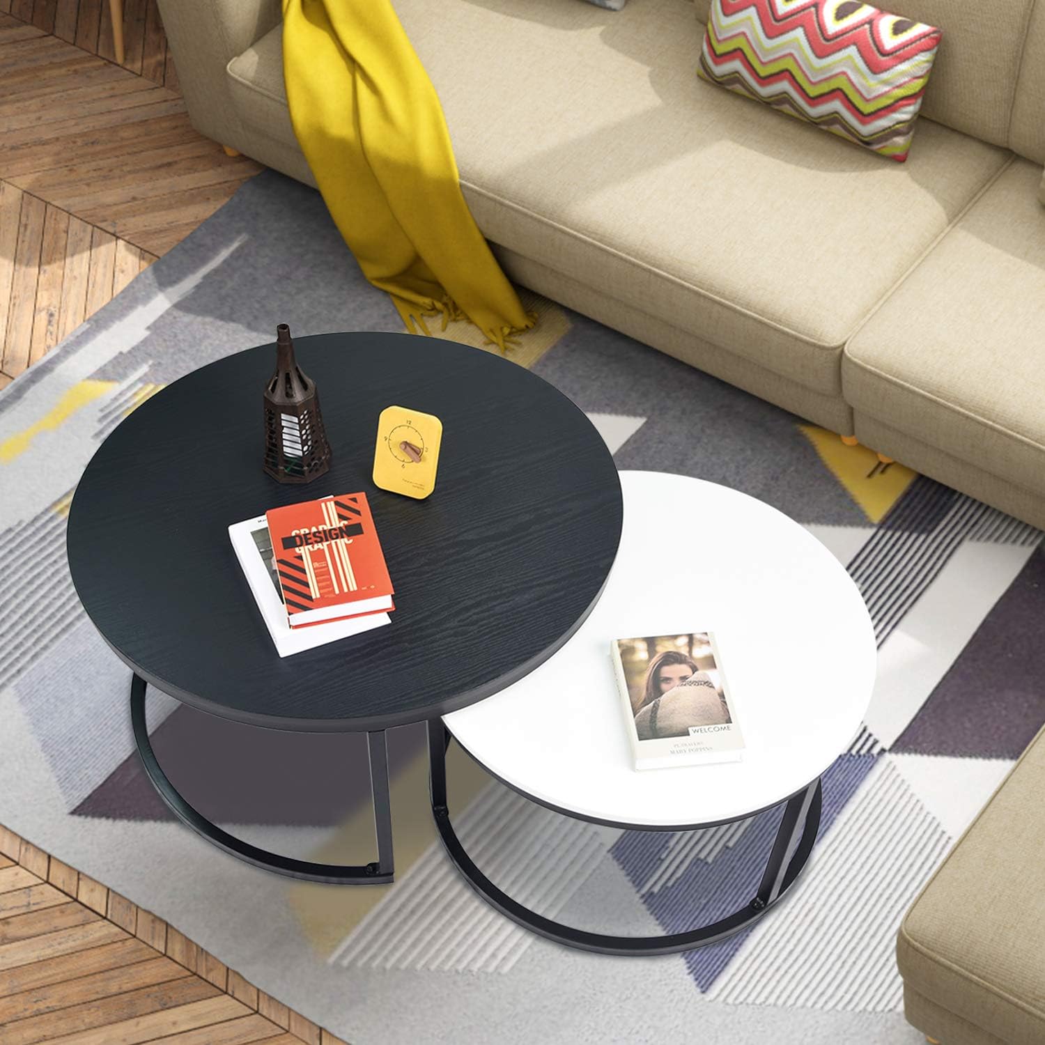 charaHOME Round Coffee Tables,2 Round Nesting Table Set Circle Coffee Table with Storage Open Shelf for Living Room Modern Minimalist Style Furniture Side End Table of Stable(Black & White): Kitchen & Dining