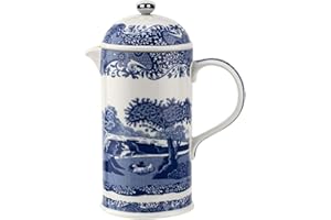 Spode Blue Italian Porcelain French Press with Stainless Steel Plunger - 28 oz Cafetiere for Manual Coffee Brewing, Coffee Cart Accessories, Countertop Cafetiere Station Display - Dishwasher Safe
