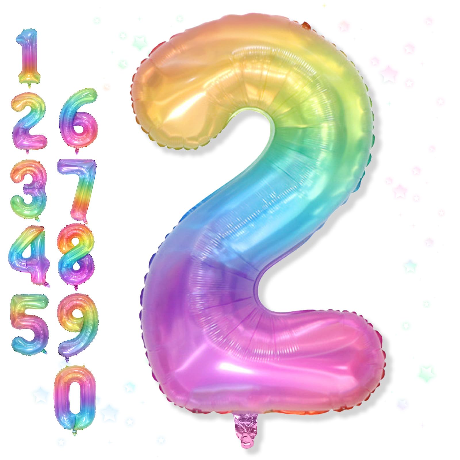 Photo 1 of 40'' 2 Balloon Number, Large Rainbow Foil Number 2 Balloons Birthday Party Decor, Mylar Self Inflating Multicolor Colorful Jelly Two Balloon for Girls 2nd Birthday Baby Shower Anniversary Decorations