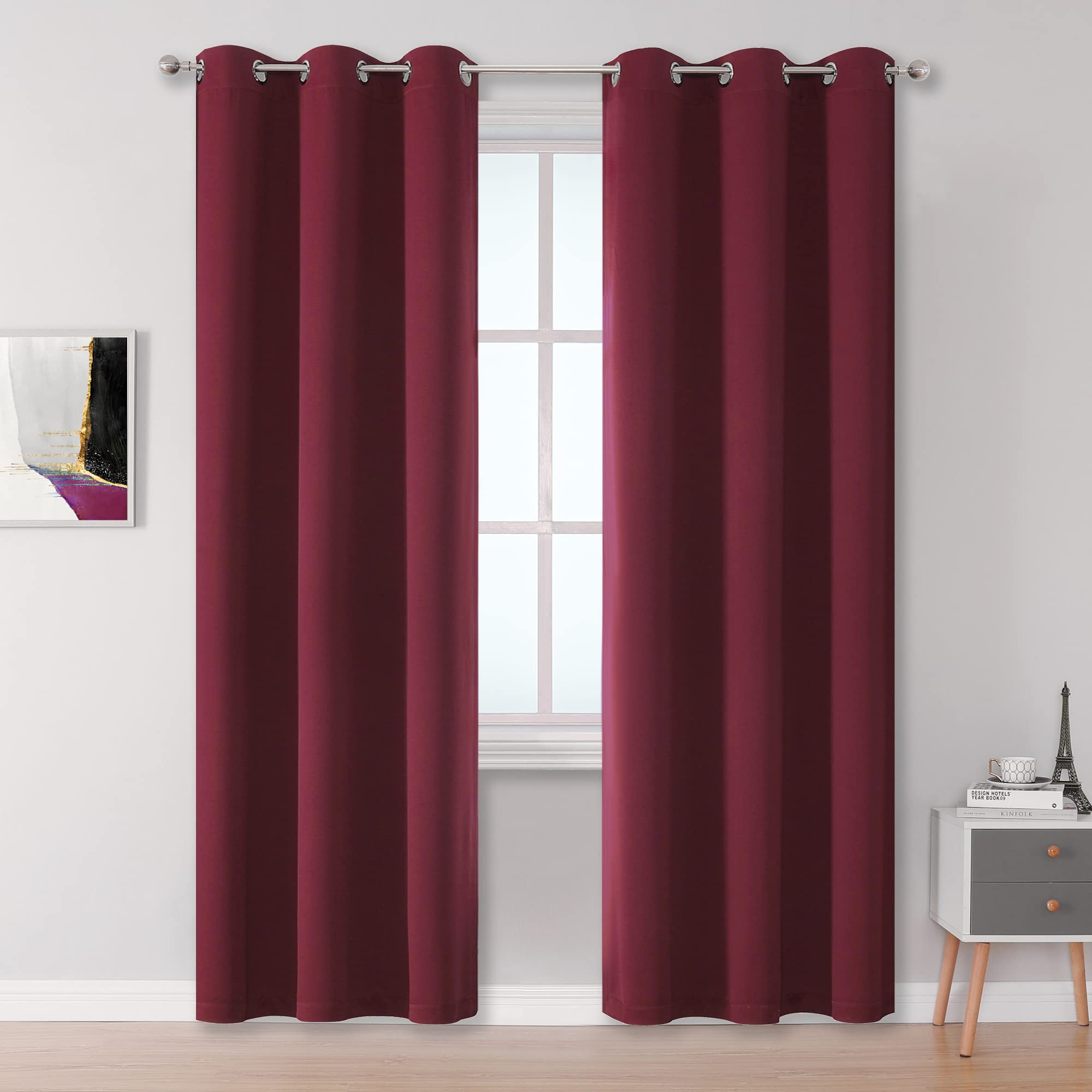 DUALIFE Burgundy Blackout Curtain Panels for Bedroom 96 Inches Long Burgundy Red Solid Thermal Insulated Window Curtain Panels with Grommet for Living Room 42X96 Inch Length