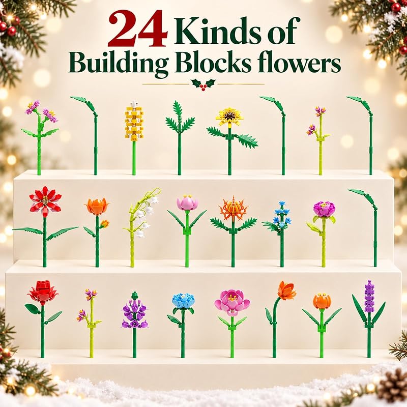 Calendrier de l'Avent 2026 avec bouquet de fleurs, compte à rebours de Noël de 24 jours, 24 boîtes de 1 500 pièces + blocs de construction, roses et tulipes colorées, décoration d'intérieur, cadeaux