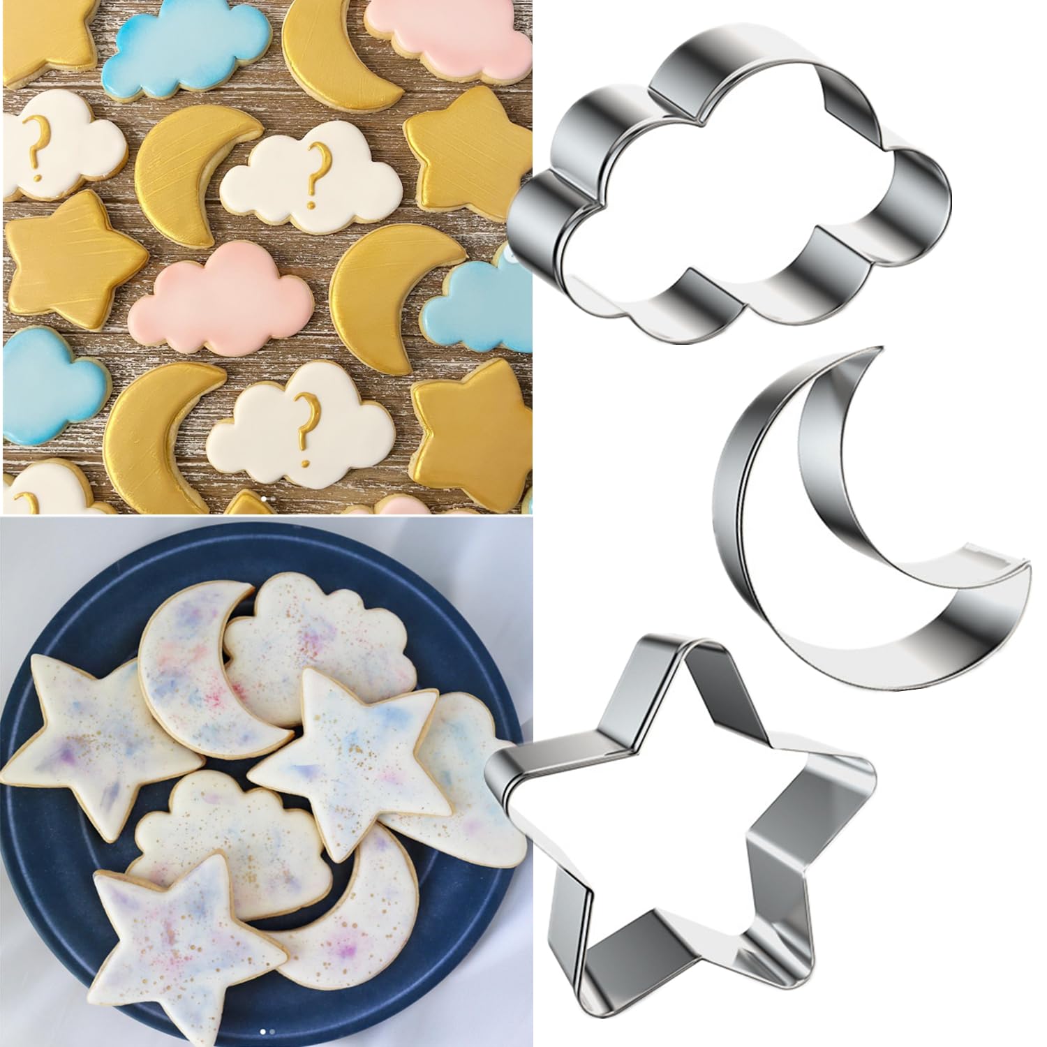 Photo 1 of 3 Pieces Star, Moon and Cloud Cookie Cutters Stainless Steel Biscuit Cutters Molds Shapes for Baby Shower or Gender Reveal Party