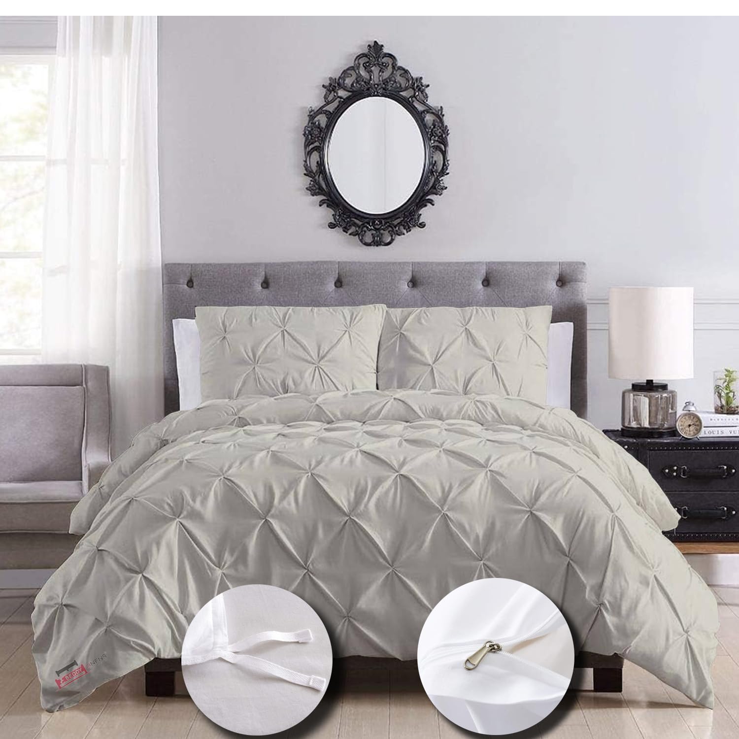 Photo 1 of eBeddy Linens Pinch Peated Duvet Cover Set Oversized King Plus 120x128 Inch 100% Cotton Soft and Breathable 3 Pieces Set Zipper Closure & Corner Ties, Pintuck Silver Grey