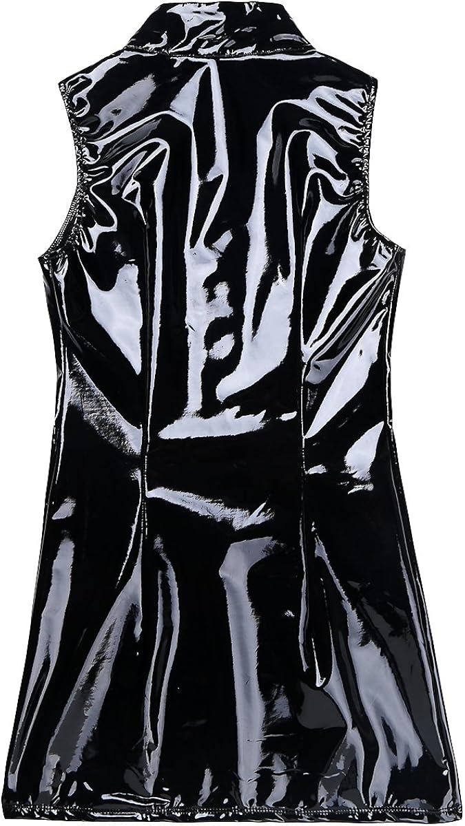 iEFiEL Women PVC Leather Wetlook Sleeveless Stand Collar Front Zipper Bodycon Mini Dress for Club Party: Clothing