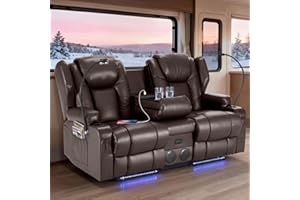 REDLIFEᅟᅠ Redlife Power Loveseat Recliner Sofa with Console, PU Leather Dual Reclining Couch with Blue LED Lights, Bluetooth Speakers, USB Ports, Phone Holders, Home Theater & RV Recliner (Brown)