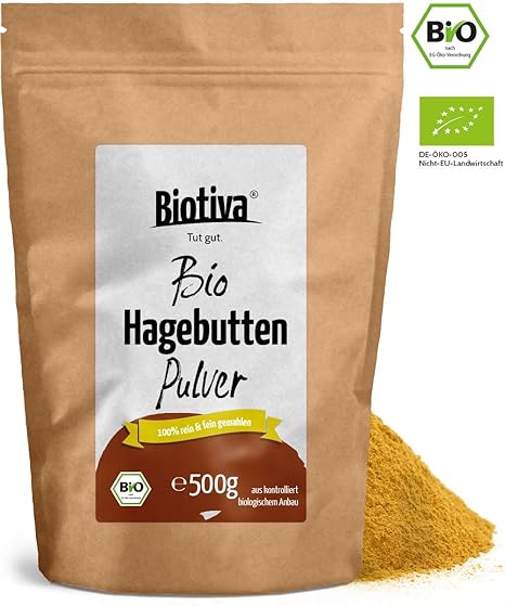 BIO Hagebuttenpulver - 500g, Rohkostqualität - 100 Prozent BIO, Pulver aus ganzen Hagebutten gemahlen, Großpackung mit Preisv