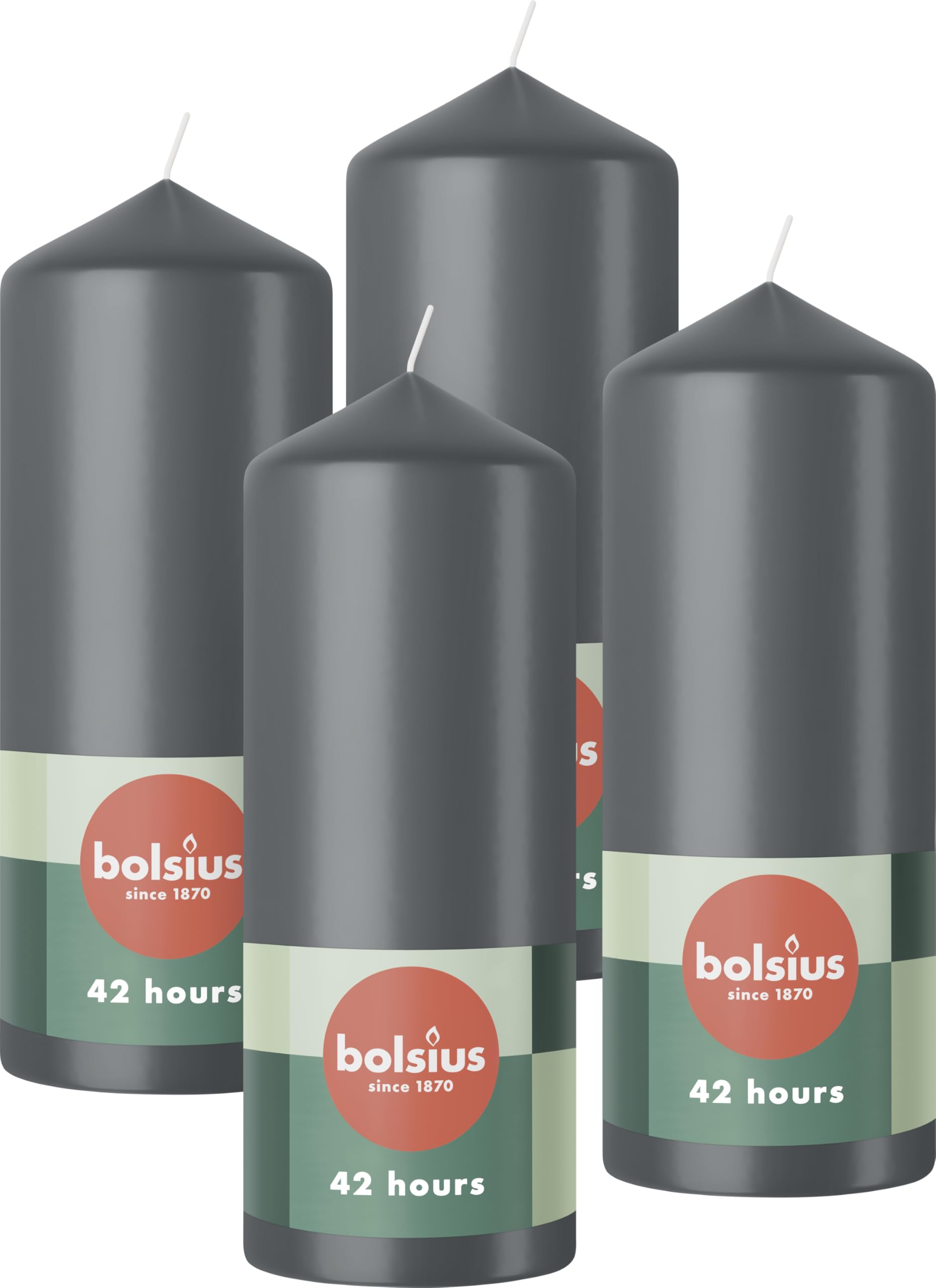 Bolsius Pillar Candles - Anthracite - 4-Pack - 15 x 6 cm - Decorative Household Candles - Long Burning Time of 42 Hours - Unscented - Includes Natural Vegan Wax - Without Palm Oil