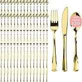 Prestee 120 Cutlery Set - Gold Plastic Silverware Set of 40 Forks, 40 Spoons, 40 Knives - Heavy Duty Plastic Utensils and Disposable Flatware - Elegant Knives Spoons and Forks Set for Events