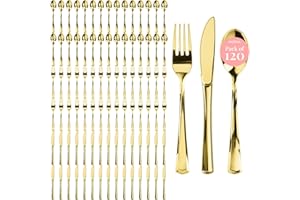Prestee 120 Cutlery Set - Gold Plastic Silverware Set of 40 Forks, 40 Spoons, 40 Knives - Heavy Duty Plastic Utensils and Disposable Flatware - Elegant Knives Spoons and Forks Set for Events