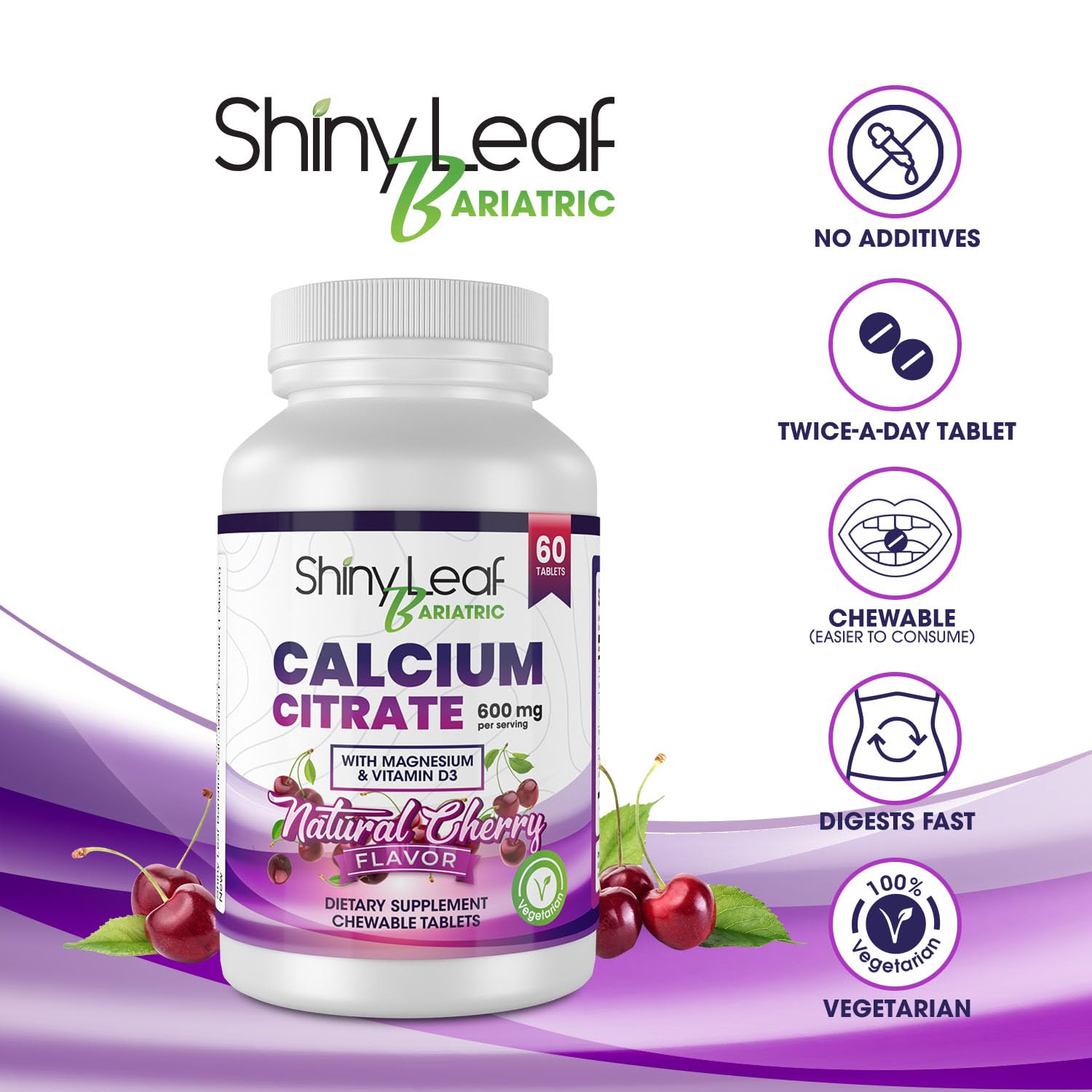 Shiny Leaf Bariatric Calcium Citrate 600 mg Supplement for Bariatric Surgery Patients, 60 Ct Chewable Tablets with Magnesium, Vitamin D3, Natural Cherry Flavor, Vegetarian Formula (1 Month), White